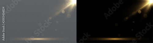 Golden lens flare star light isolated on transparent and black background. Bright glowing rays with sparkle effect. Perfect for light overlays, effects, and design.	