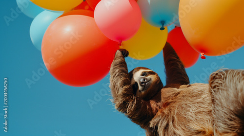 Happy sloth holding colorful balloons in blue sky, playful surreal scene with vibrant energy and joyful mood, perfect for celebration themes and creative branding