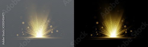 Golden lens flare star light isolated on transparent and black background. Bright glowing rays with sparkle effect. Perfect for light overlays, effects, and design.	