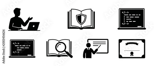 Software Development Training Icons Set, Coding Education and Certification Symbols for E-learning, Programming Tutorials, Cybersecurity Documentation, and IT Skill Development Vector Graphic Collecti
