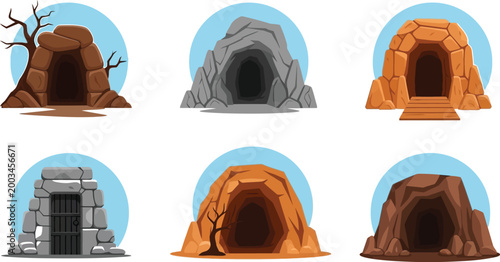 Cartoon entrances to underground tunnels and caves Vector