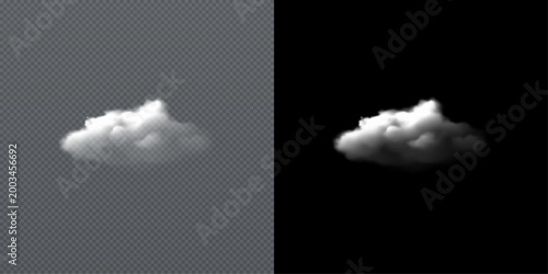 Vector realistic cloud, smoke or fog on isolated transparent and black background. Cloud png. Smoke png.