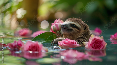Cute sloth relaxing in water surrounded by delicate roses, dreamy romantic scene with soft reflections and calm atmosphere, perfect for wellness branding and emotional storytelling