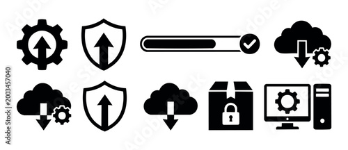 Software Update Icons Set, Upload and Download Progress Symbols for Web and App Development, Cloud Computing Interface Elements, Cybersecurity and System Maintenance Vector Graphics, Minimalist Design