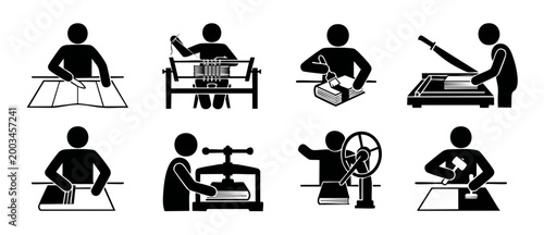 Bookbinding and Printing Process Icons Set, Manual Crafting and Publishing Industry Procedures, Professional Book Making Craftsman Actions, Isolated Vector Graphics for Manufacturing and Workshop Conc