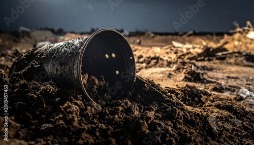 A heavily pitted and weathered metal casing lies partially buried in a mound of dark mud, representing a mysterious abandoned artifact forgotten within a rugged and desolate outdoor landscape.