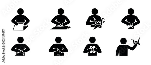 Origami and Paper Craft Icons Set, Creative Hobbies and DIY Activities, Minimalist Black Silhouette Symbols for Manual Projects, Handiwork Process Steps for Tutorials and Creative Educational Infograp