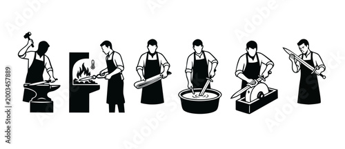 Blacksmith making sword process icon set, metalworking stages from forging to sharpening, craftsman working in forge, step by step blade production guide, manual labor blacksmithing isolated silhouett