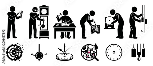 Clock Repair Service Icons Set, Watchmaker Working on Timepieces and Mechanical Gears, Precision Tools Maintenance and Engineering Pictograms for Professional Horology and Technical Repair Business Co