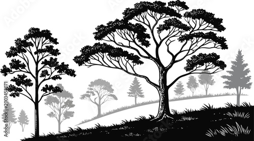 Layered Forest Landscape Black and White Vector with Tree Seamless Nature Pattern Background