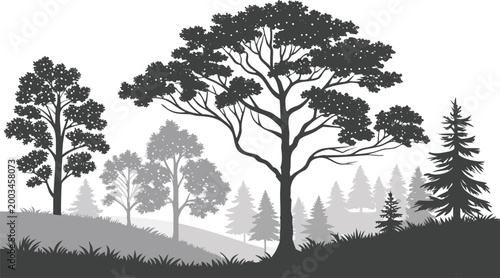 Layered Forest Landscape Black and White Vector with Tree Seamless Nature Pattern Background