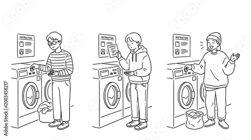 Characters completing laundry tasks in a line art and sketch style