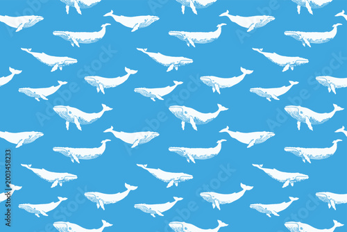 Blue Whale Seamless Pattern with White Whale Illustrations on Ocean Blue Background
