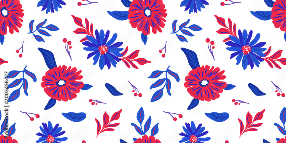 Fototapeta premium patriotic floral seamless pattern with red and blue flowers and berries on white background hand drawn botanical texture for independence day