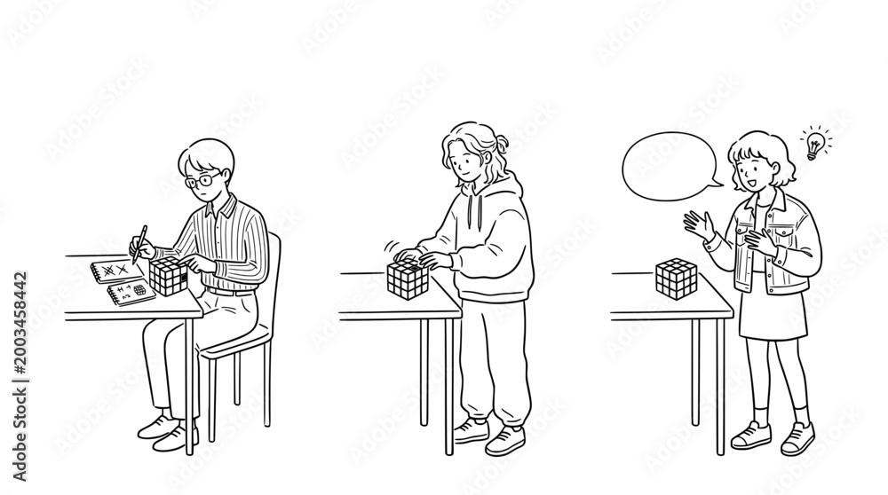 Fototapeta premium Engaging with Puzzles and Challenges Illustrated in Line Art Style