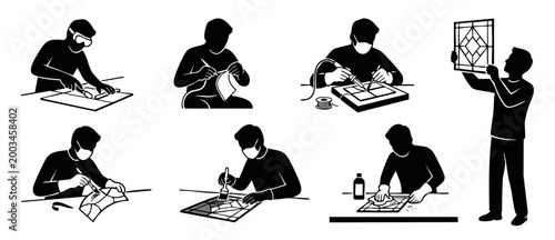 Stained Glass Artist Workshop Icon Set, Crafting Steps and Process. Professional craftsman creating decorative glass art, soldering, cutting, and finishing handmade window panels in black silhouette s