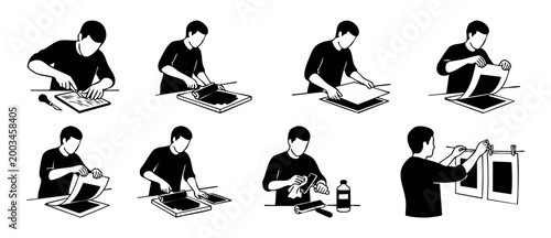 Linocut printing process steps silhouette icons, artist carving and pressing block print artwork, handmade creative craft production workflow, black and white minimal vector illustration set, isolated