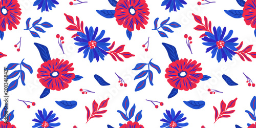 patriotic floral seamless pattern with red and blue flowers and berries on white background hand drawn botanical texture for independence day