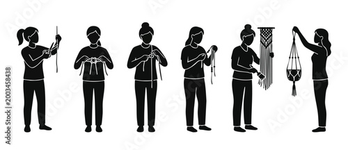 Macrame Crafting Process Silhouette Set, Woman Creating Handmade Home Decor Art, Textile Knotting Tutorial Steps, DIY Hobby Collection, Fiber Artist Working with Rope and Beads, Vector Graphic Design