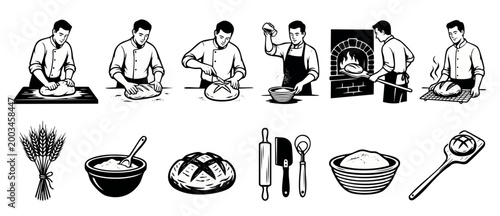 Baker making bread illustration set, professional chef kneading dough and baking sourdough in brick oven, vector collection of bakery tools, wheat stalks, bowls and utensils for artisanal bread making