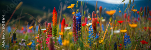Vibrant wildflower meadow in soft sunlight, colorful blooming field with dreamy depth and natural harmony, perfect for nature branding and seasonal design