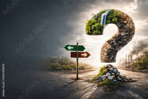 A big question mark between nature and pollution. Space for text.