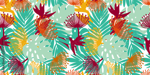seamless hawaiian tropical pattern with exotic lehua flowers and monstera leaves on white background for textile apparel and summer wallpaper