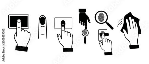 Fingerprint Scanner Security Icon Set, Biometric Identity Authentication and Touchscreen Gestures for Digital Access Control Systems, Data Privacy Protection and User Identification Vector Graphics In
