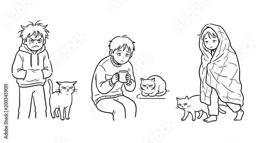 Mood Swings of a Cat Owner: Expressive Line Art with Feline Friends