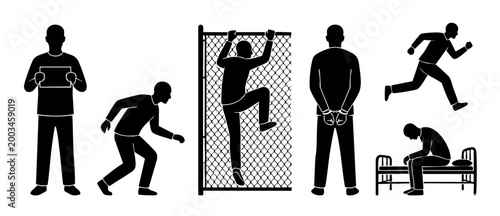 Prisoner silhouette icons set, criminal man character in various poses, jail life activities, escape, arrest, sitting on bed and holding sign isolated on white background, black vector graphic collect