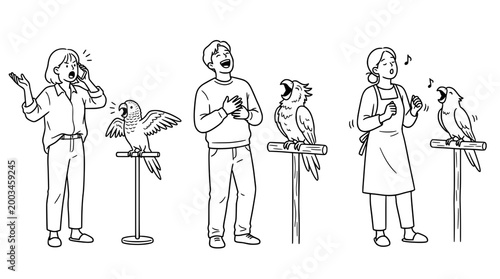 People Singing Joyfully with Their Pet Birds in Harmony