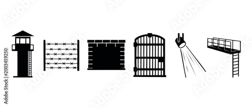 Prison security icons set isolated on white background, featuring watchtower, barbed wire fence, brick wall, metal cell door, searchlight and observation platform for criminal justice system concepts.