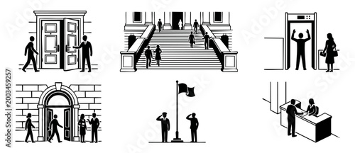 Government Building Icons Set, Public Services and Security Personnel Activities, Administrative Office Entry, Professional Official People, Institutional Infrastructure Vector Illustration Graphics