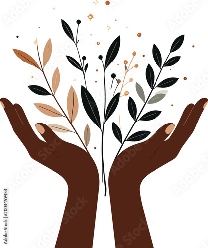 Hands Holding Plants Botanical Wellness Illustration