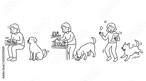 A character enjoys playtime with their dog in fun sequence sketches.