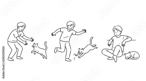 Active Moments: Joyful Play with Cat in Elegant Line Art