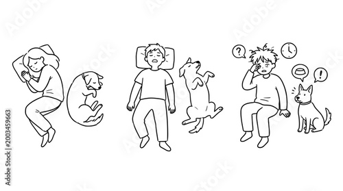 Illustrated bedtime scenes with a dog in playful and relaxed poses.