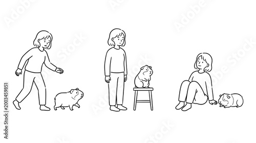 Cute character illustrations with guinea pigs in various poses.