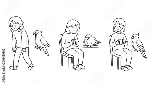 Expressive sketches of a girl and her parrots in varied moods.