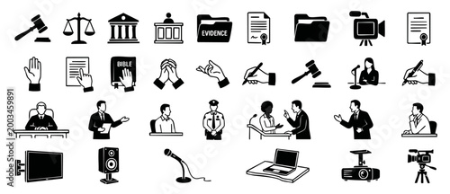 Legal and Courtroom Icon Set, Justice System Symbols for Law Firms, Attorneys and Judicial Proceedings, Black and White Vector Illustrations for Legal Documents, Trials, Litigation and Expert Testimon
