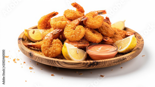 Calabash Shrimp on Bamboo Plate 30 Degree Angle Isolated on White Background Studio Image