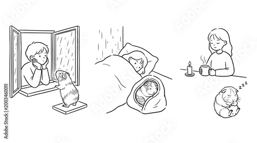 Child reflects while guinea pig watches from a window: line art.