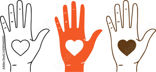 Hand with heart icon set, love care gesture symbols in outline and solid style, compassion concept minimal vector illustration