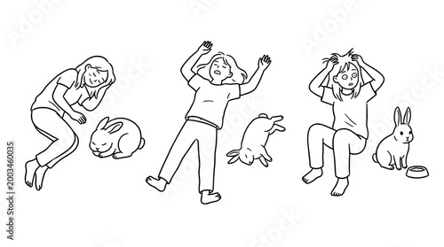 Elegant line art capturing the carefree relationship with rabbits.