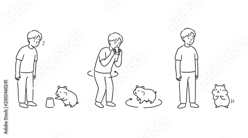 Playful Sequence of a Young Person with a Cute Hamster in Line Art