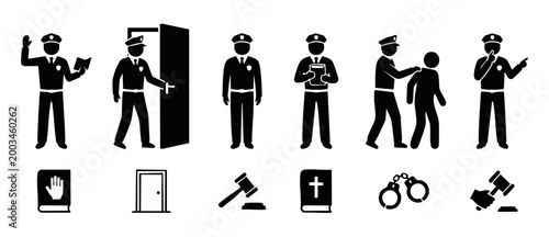 Police officer icon set, law enforcement activities and legal symbols for justice, criminal investigation, courtroom procedure, and public safety signs isolated on white background, black vector colle