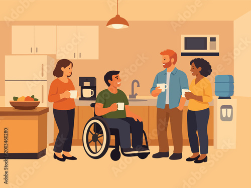 Inclusive coworkers socializing in office kitchen with wheelchair user, ideal for workplace diversity campaigns, HR materials, corporate wellness branding, accessibility marketing, and editorial stock