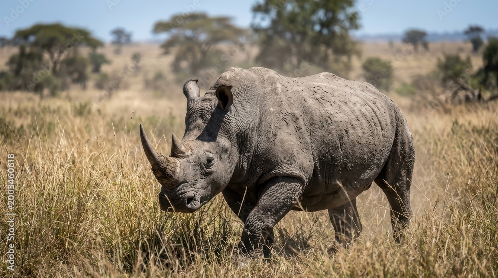 Obraz premium Rhino Walking in Savannah on Sunny Day
