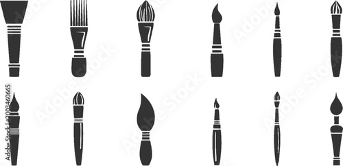 Collection of artist paintbrushes black silhouette icons creative drawing tools vector illustration graphic design elements.