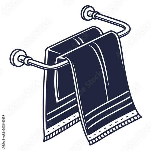 Elegant Towel Display: A minimalist monochrome illustration captures two neatly folded towels hung gracefully on a sleek metal bar, creating a sense of sophisticated simplicity.